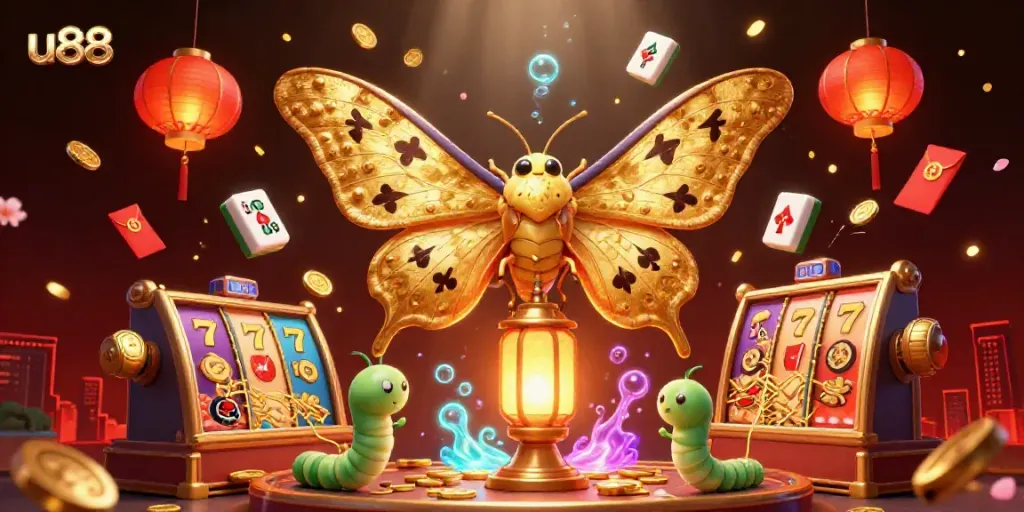 Engage in the vibrant world of u88 with this 3D illustration of a luxurious casino scene featuring golden moths and slot games.