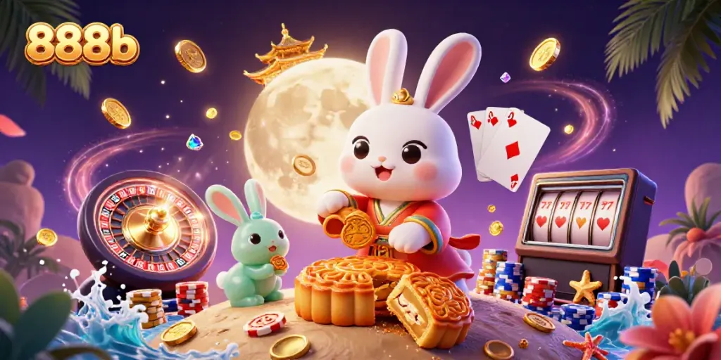 Engage with 888b casino excitement featuring a playful moon rabbit creating rewards amidst riches on the lunar surface.