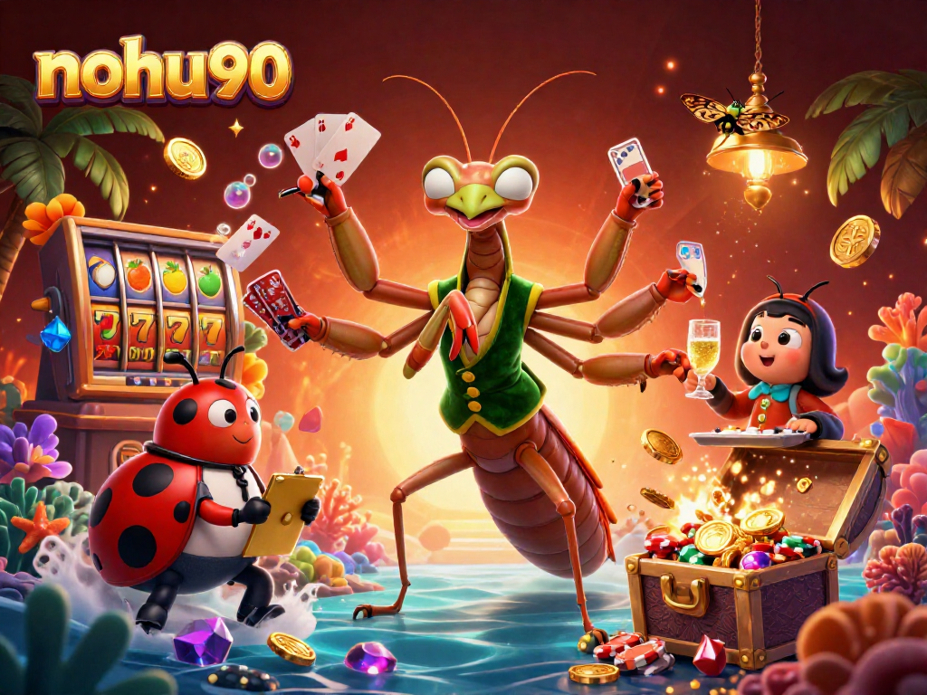 Nohu90 illustrates dynamic casino scene with vibrant slot symbols and lively characters