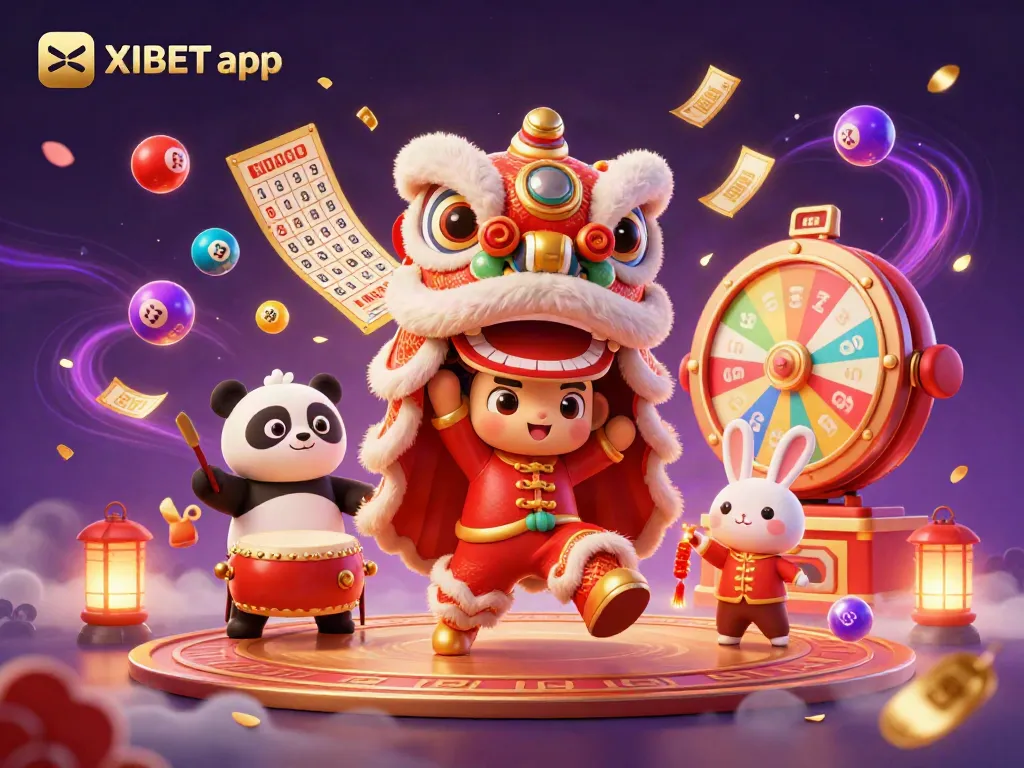 Engage with the XIBET app world of fun, showcasing a vibrant 3D cartoon scene filled with colorful casino elements.