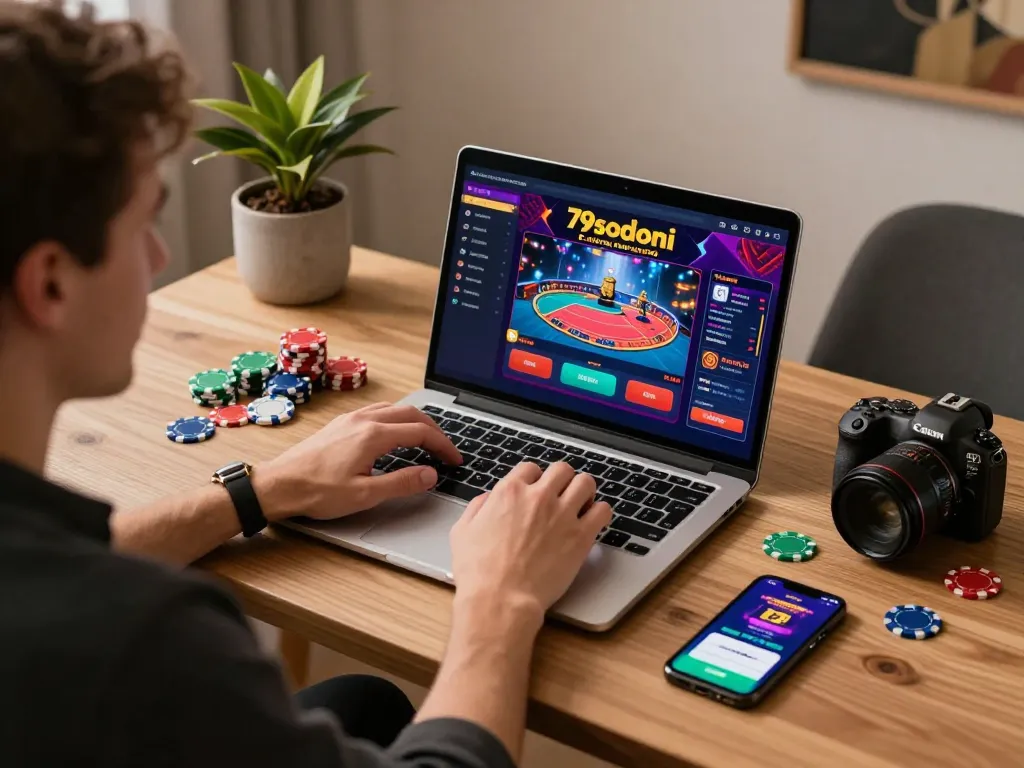 Engaging online gaming experience with 79sodoni visible on laptop screen.