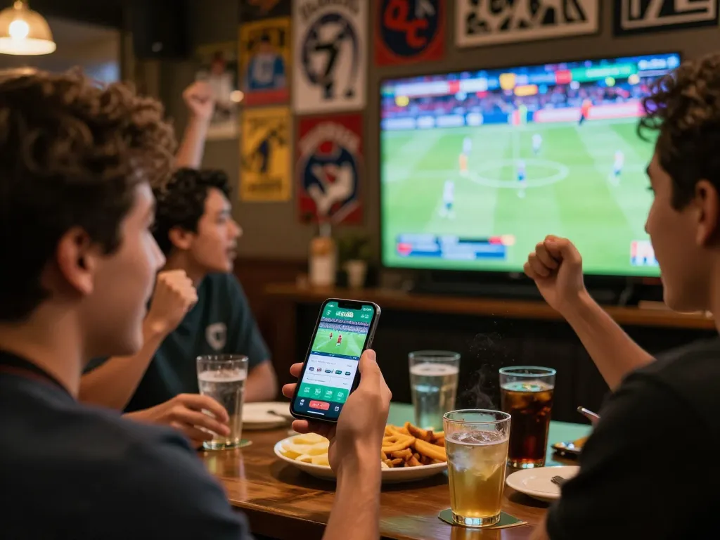 Engaged players enjoying sports betting through Nhà cái Jun88 app during a live match with friends.