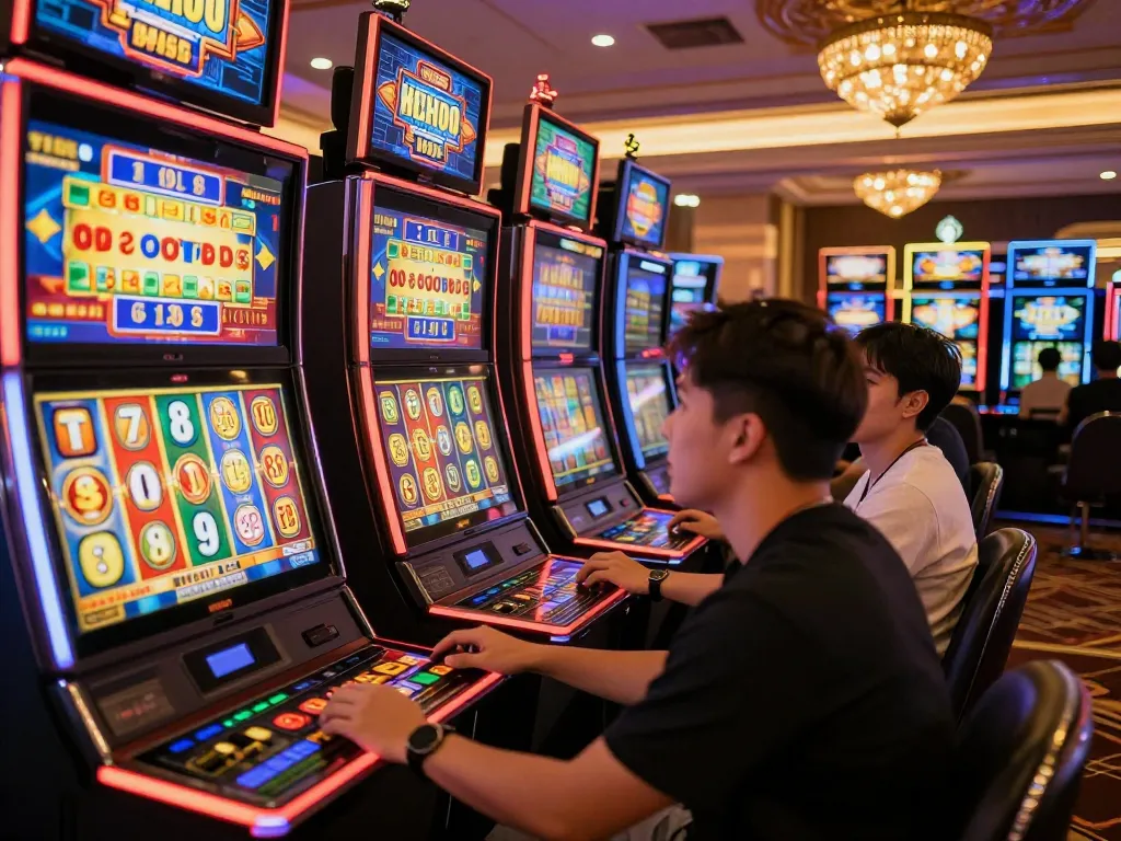 Players enjoying slot pulsa games with vibrant reels in a lively casino atmosphere.