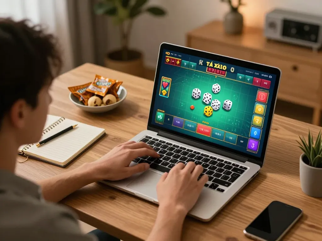 Engaging game tài xỉu session on a laptop at a stylish home office, highlighting dice animation.