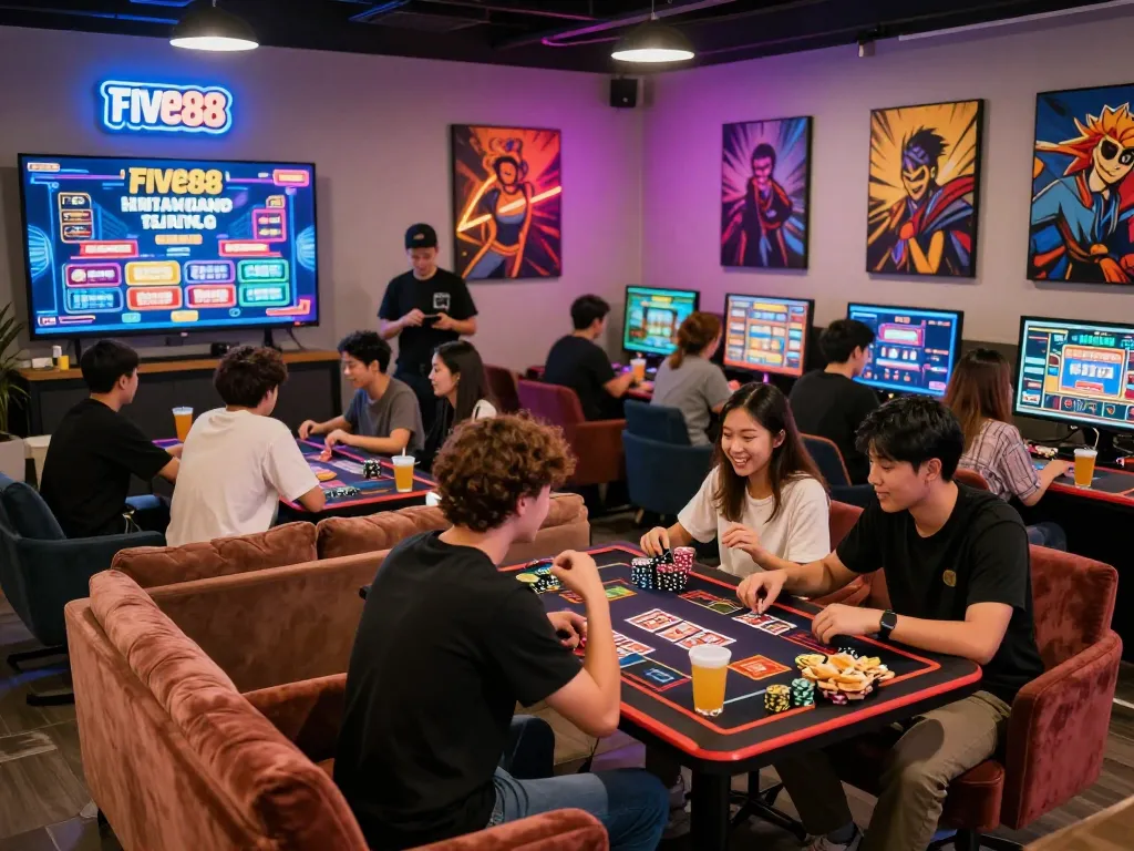 Five88 gaming lounge with players enjoying casino games and vibrant atmosphere