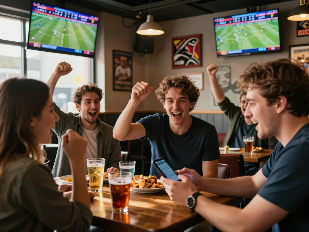 Excited bettors enjoying Topbet mobile sports betting at lively sports bar, with friends and live games in background.