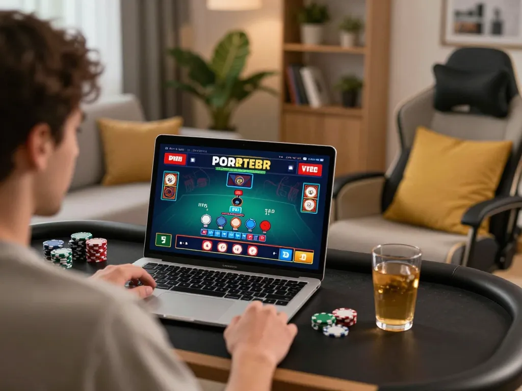 Player engaging with 8kbet online Blackjack on laptop in cozy home, showcasing responsible gaming.