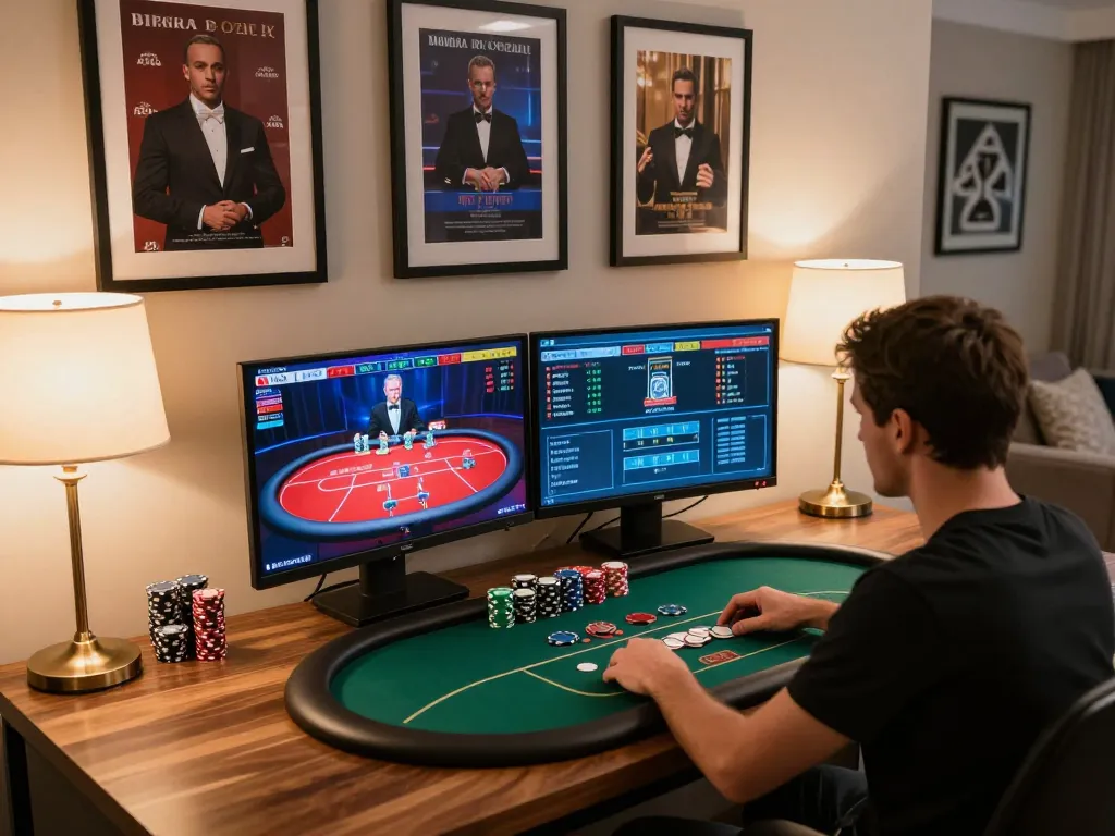 Person placing strategic bets on Vin88's online poker gaming interface with dual screens in a stylish home office.