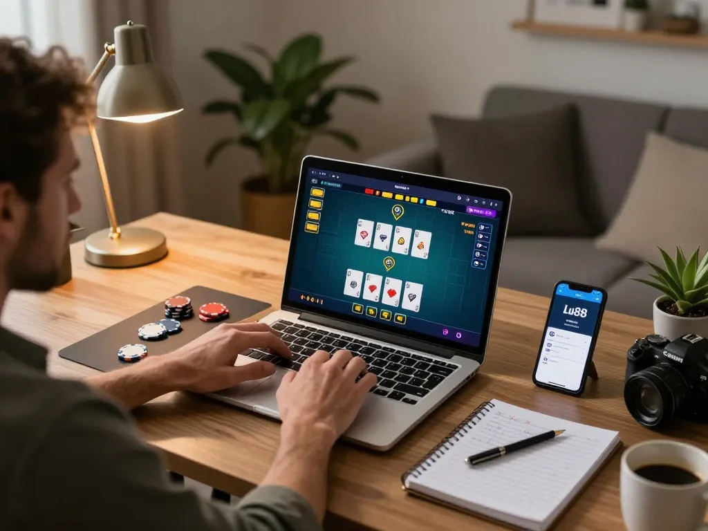 Enjoying online poker on Lu88 app in a cozy home office setting with engaging gameplay and strategic notes.