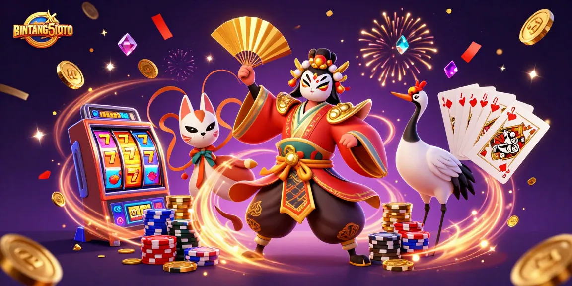 BINTANG5TOTO captivates with vibrant 3D characters and slot elements, celebrating wins.