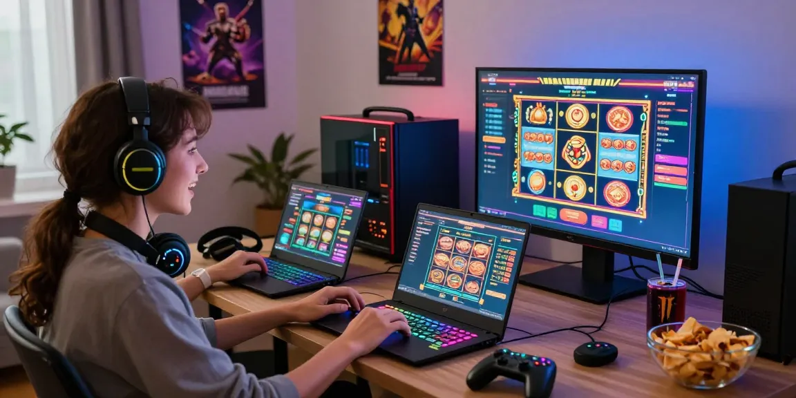 Aufgeregtes Paar, das online in einem Paysafe Card Casino spielt, umgeben von Gaming-Ausrüstung und Snacks.