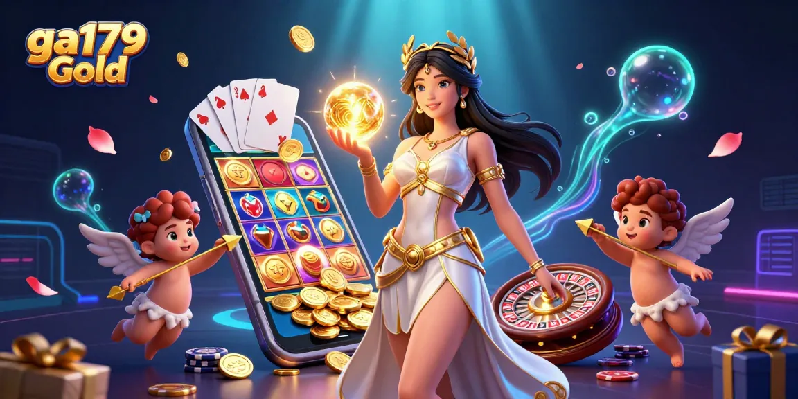 Engage with exciting gameplay at ga179 Gold, featuring a stunning illustration of a Grecian goddess surrounded by dynamic casino elements.