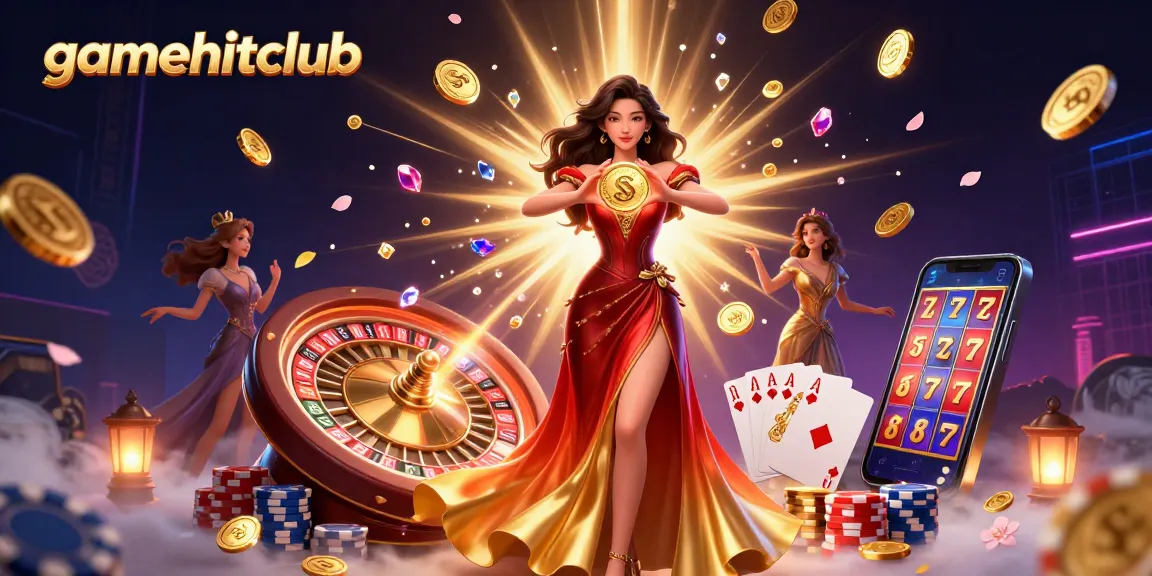 Engage with gamehitclub's vibrant offerings as an Asian woman holds a golden coin amid casino elements.