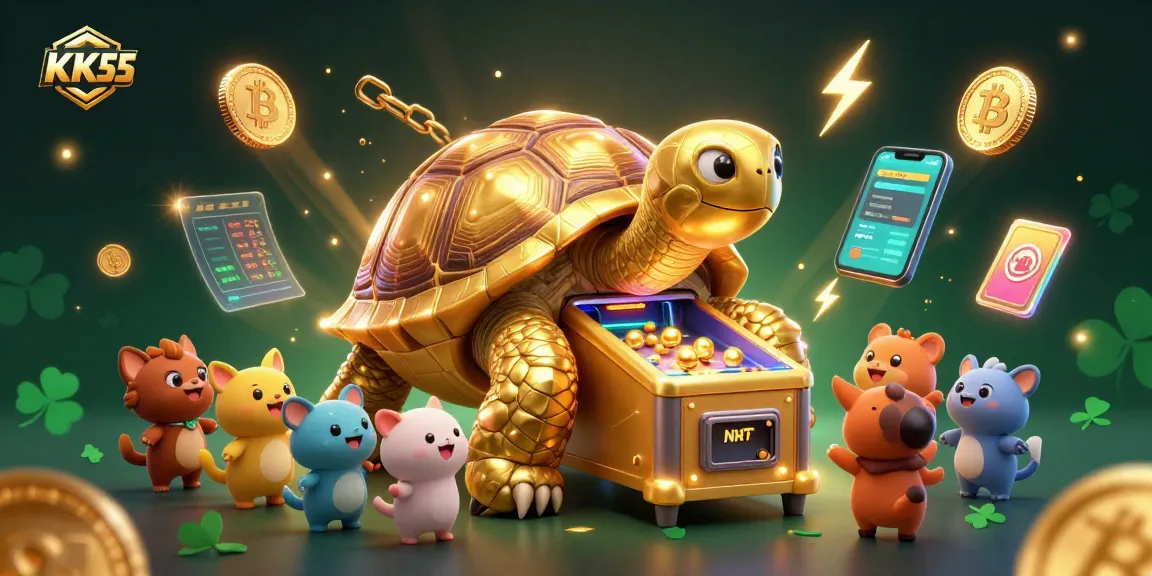 Engage with KK55's exciting crypto gaming atmosphere, a golden tortoise and vibrant animals in action.