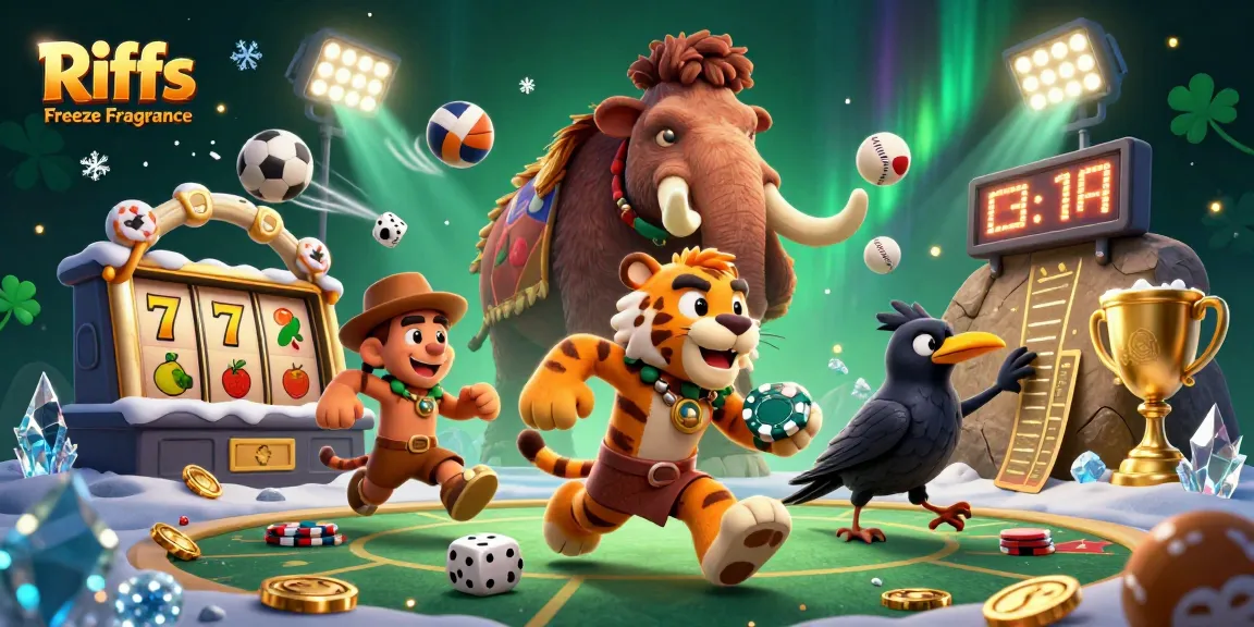 Experience Riiffs Freeze Fragrance in a vibrant, casino-themed scene of playful characters and dynamic gaming elements.