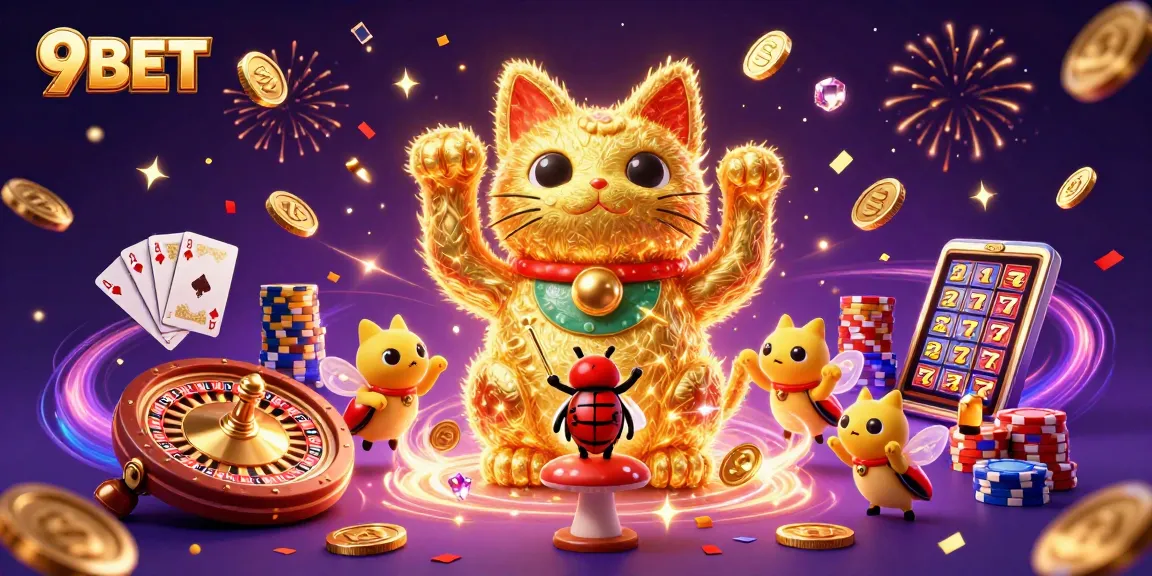 Experience the thrill of winning at 9BET with a vibrant 3D illustration depicting a lucky cat and casino symbols.