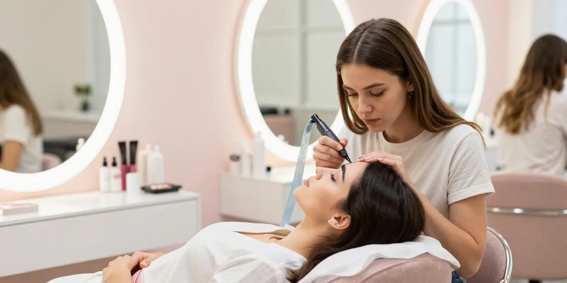Toepassing van permanente wenkbrauwen in een helder schoonheidssalon, met de nadruk op een gepersonaliseerde schoonheidservaring.
