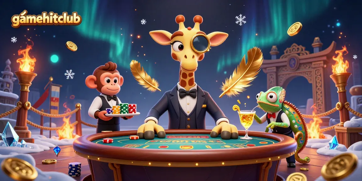 Experience thrilling gaming at gamehitclub with a high-roller giraffe, monkey valet, and chameleon bartender in a vibrant casino scene.