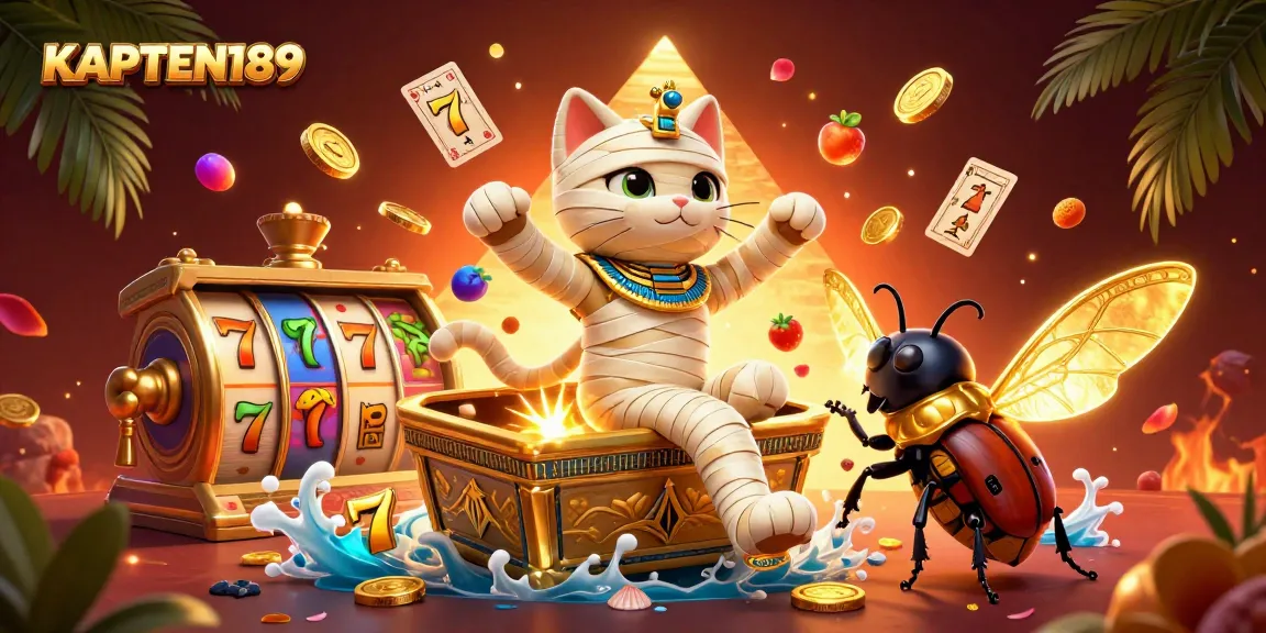 KAPTEN189 menyajikan ilustrasi kasino yang menampilkan kucing mesir dan elemen slot yang menakjubkan.