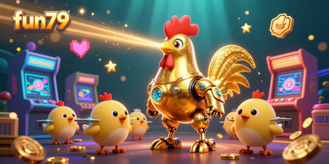 Engage with fun79 as the golden rooster robot leads a vibrant casino adventure filled with arcade games and gold.