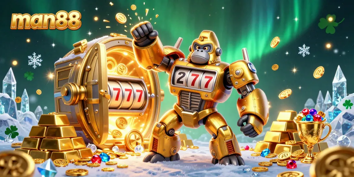 Experience thrilling wins at man88 with a golden gorilla mech amidst riches and vibrant casino elements.