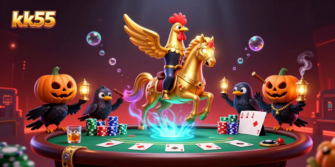 kk55 gamblers engage with golden rooster characters amidst vibrant casino action.