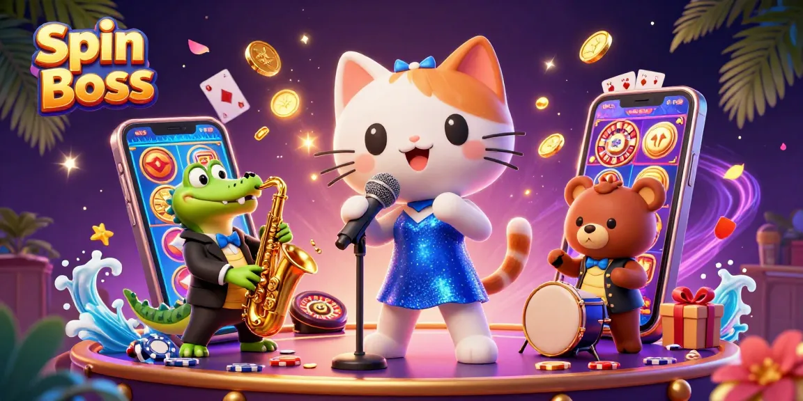 Experience the thrill of Spin Boss with vibrant casino characters performing amidst colorful slot games and festive decor.