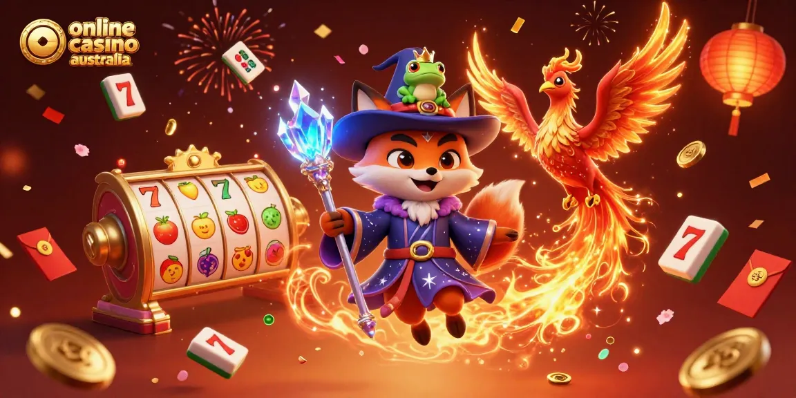 Experience exciting wins at online casino Australia with a magical 3D fox wizard and vibrant casino elements.