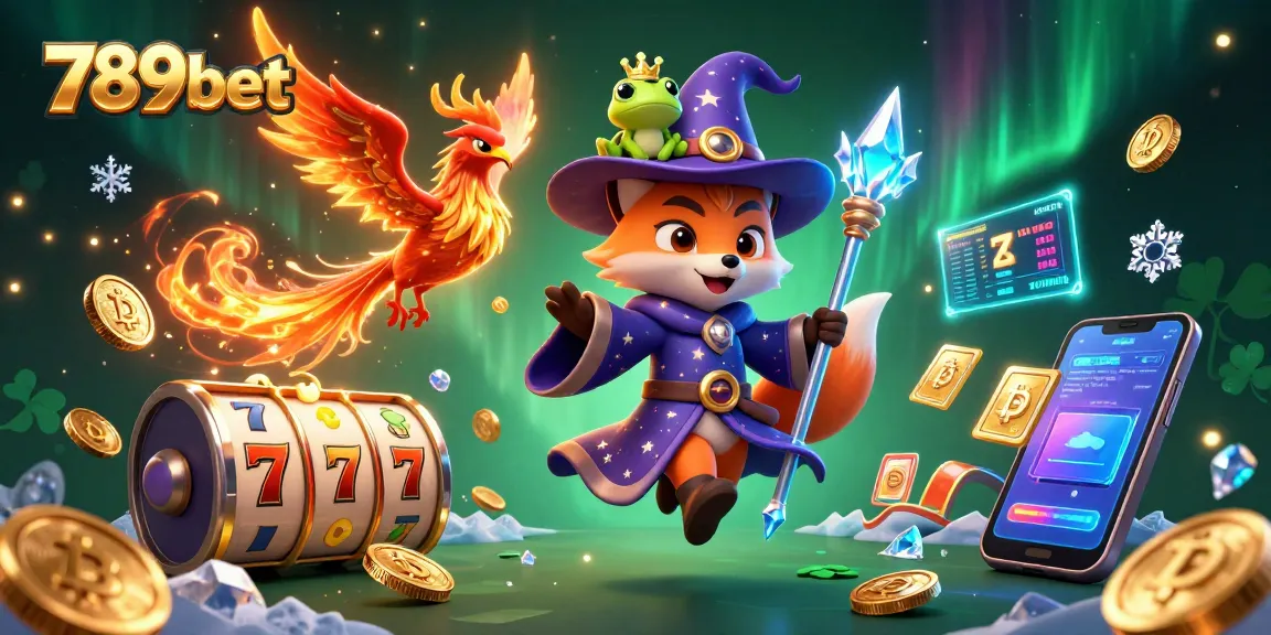 Experience the thrilling magic of 789bet with a cartoon wizard, phoenix, and exciting casino elements.