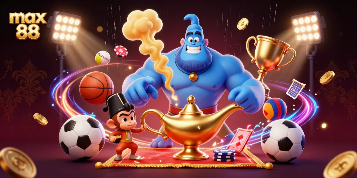Engage with max 88 in this dynamic casino scene featuring a genie, sports elements, and golden treasures.