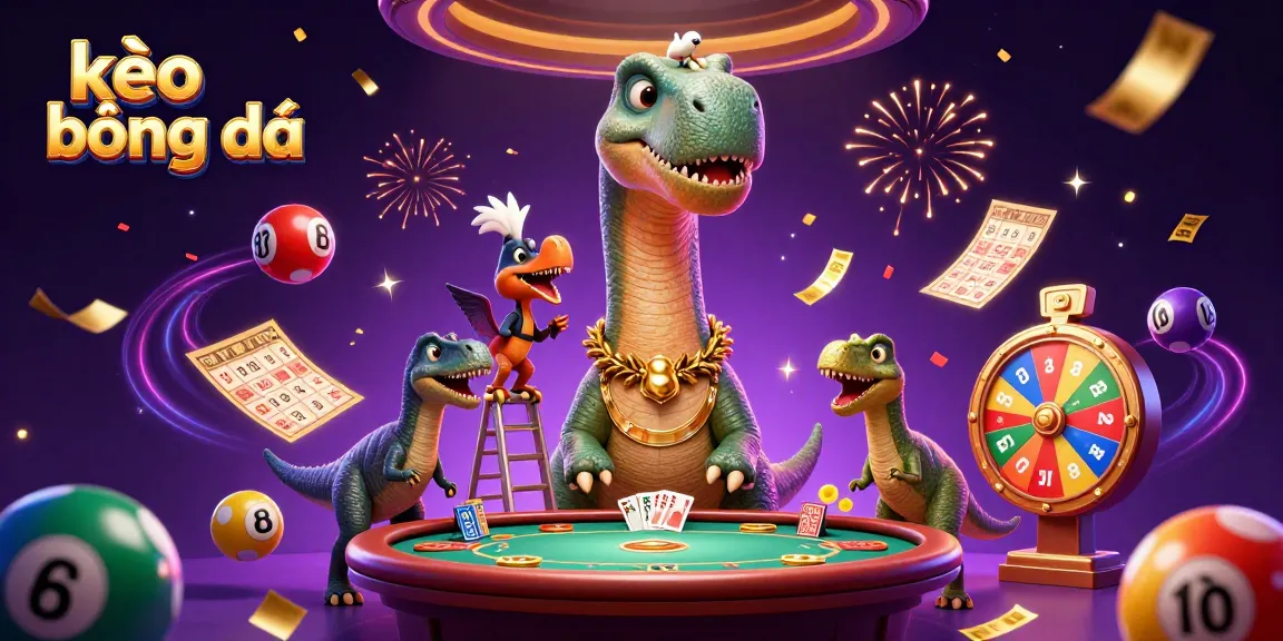 Engage in kèo bóng đá as the brontosaurus watches over a vibrant casino scene filled with colorful betting elements.