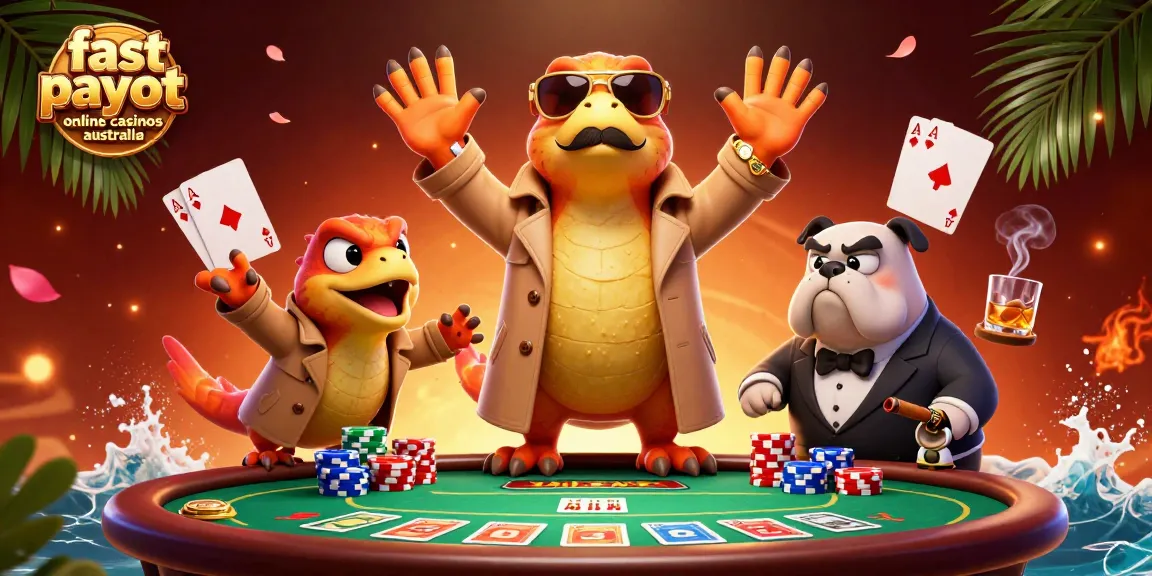Experience thrilling action at fast payout online casinos australia with fun 3D raptors at a poker table.