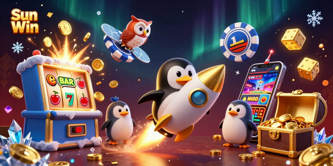 Experience the thrill of Sun Win as a golden penguin ventures through a vibrant casino world bursting with joy.