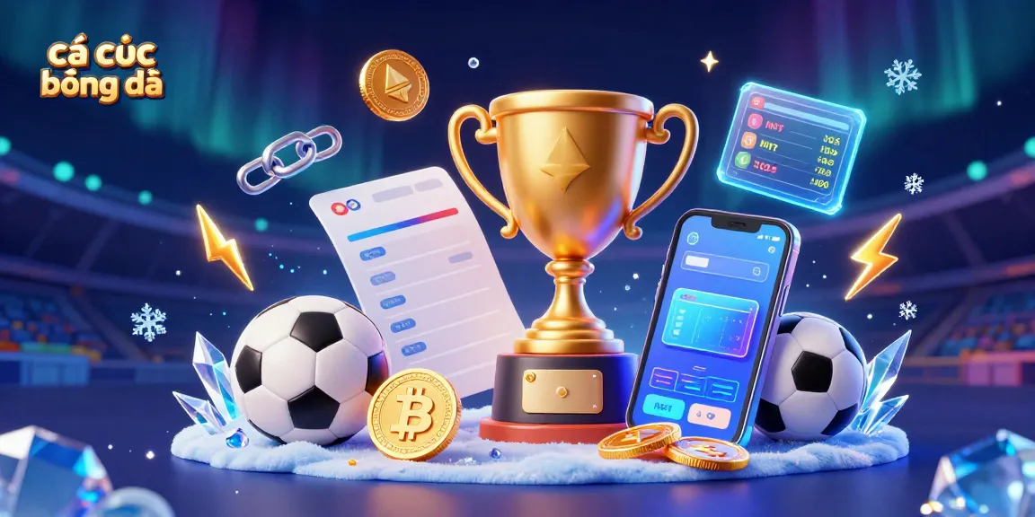 The dynamic scene showcases cá cược bóng đá with 3D coins and sports betting themes surrounded by vibrant stadium elements.