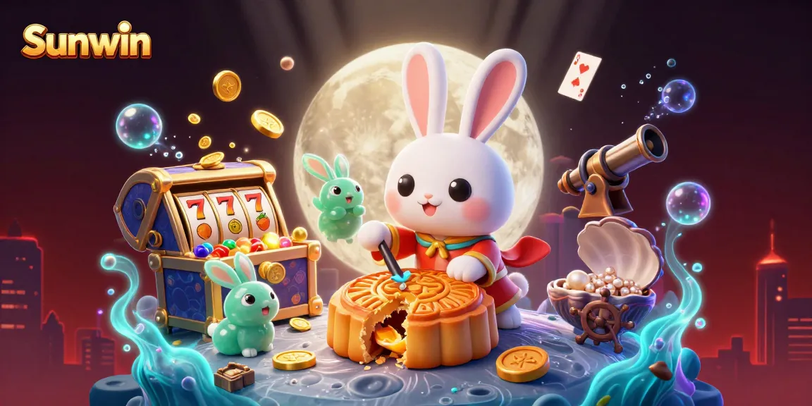 Engage with Sunwin's exciting gaming universe featuring a moon rabbit and poker chips in vibrant detail.