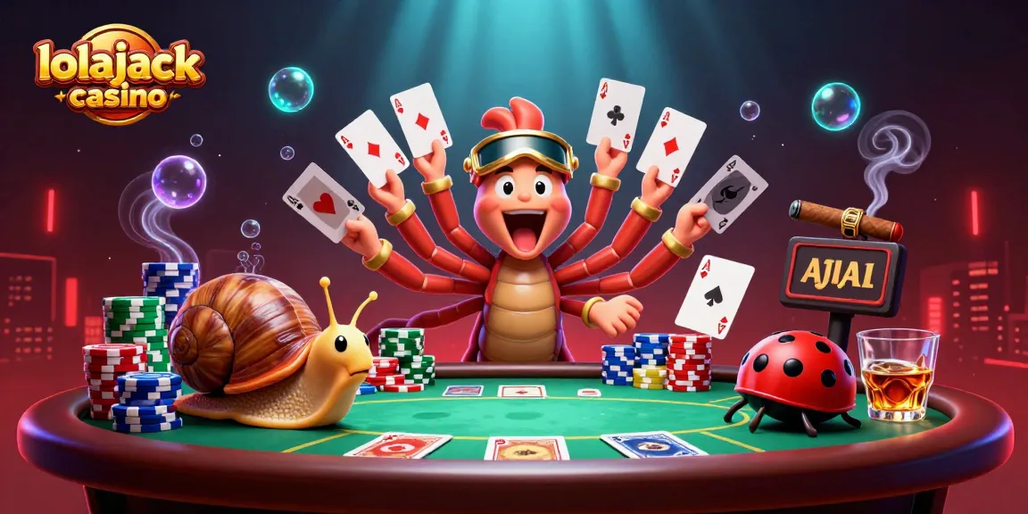 Engage with the vibrant scene of lolajack casino, featuring a cartoon dealer and dynamic poker action.