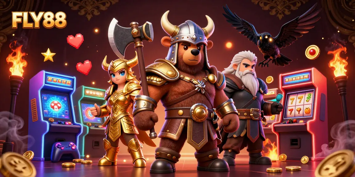 Players engage in thrilling adventures at FLY88's vibrant 3D casino, exploring slots and arcade fun.