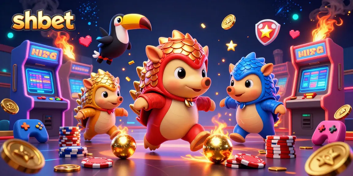 Engage with the vibrant shbet experience in a dynamic 3D game scene of rival pangolins, poker chips, and arcade elements.
