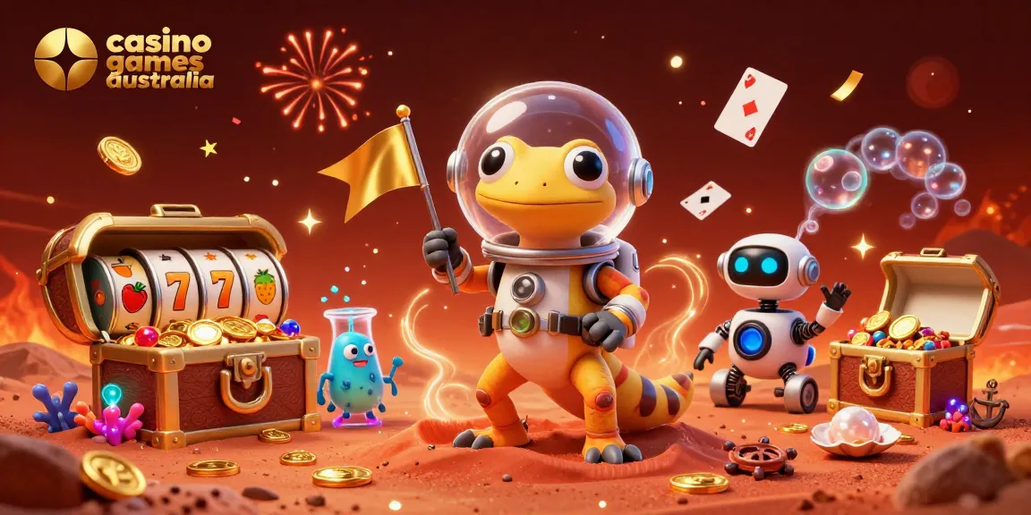 Explore exciting casino games Australia featuring a Martian gecko at a golden casino!