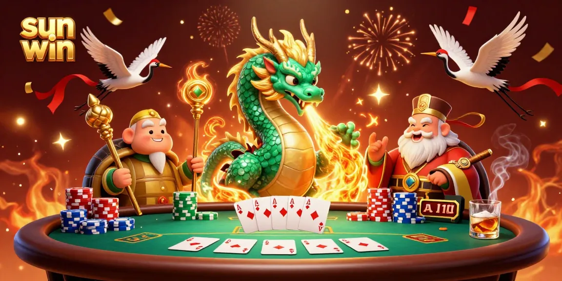 Join the excitement at sun win with our vibrant poker scene featuring mystical elements and lucky symbols.