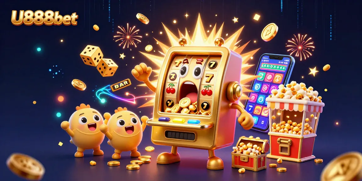 Experience the excitement of U888bet with a 3D illustration showcasing a golden slot machine winning a jackpot.