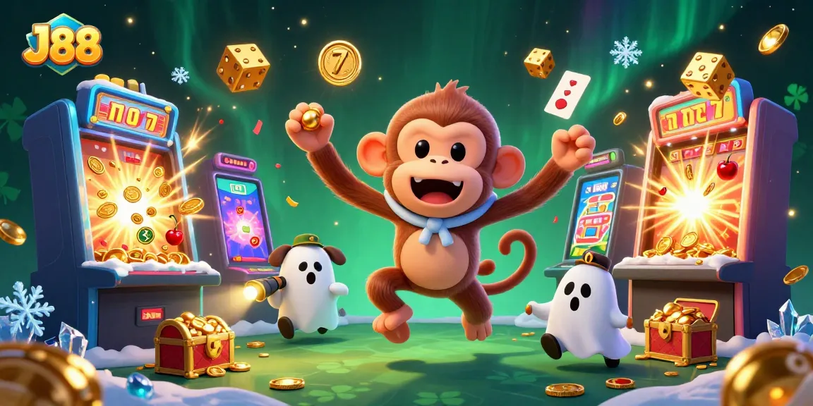 Experience exciting wins at J88 with a ghost-hunter puppy tracking golden treasures amidst a vibrant casino scene.