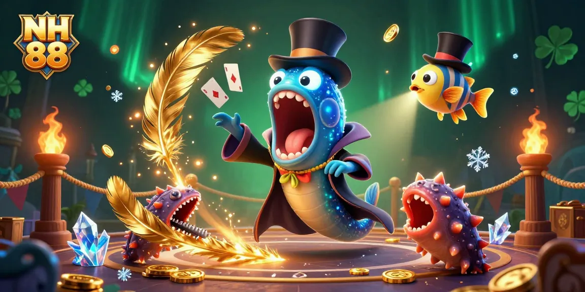 Engage with NH 88's lively gaming experience featuring a bioluminescent eel performing card tricks in an energetic underwater casino