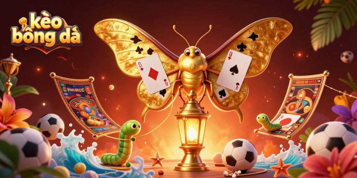 Engage in kèo bóng đá with an illustration featuring a majestic atlas moth, sports elements, and vibrant casino scenes.