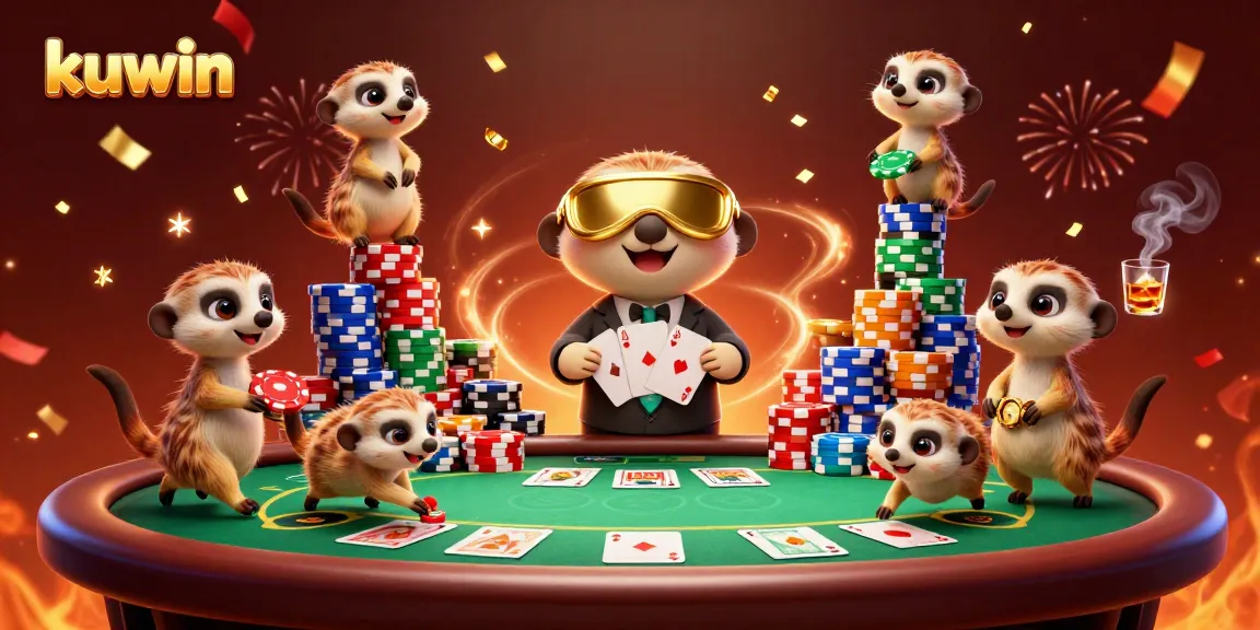 Kuwin casino featuring meerkats in a vibrant online gaming atmosphere with poker action and celebration