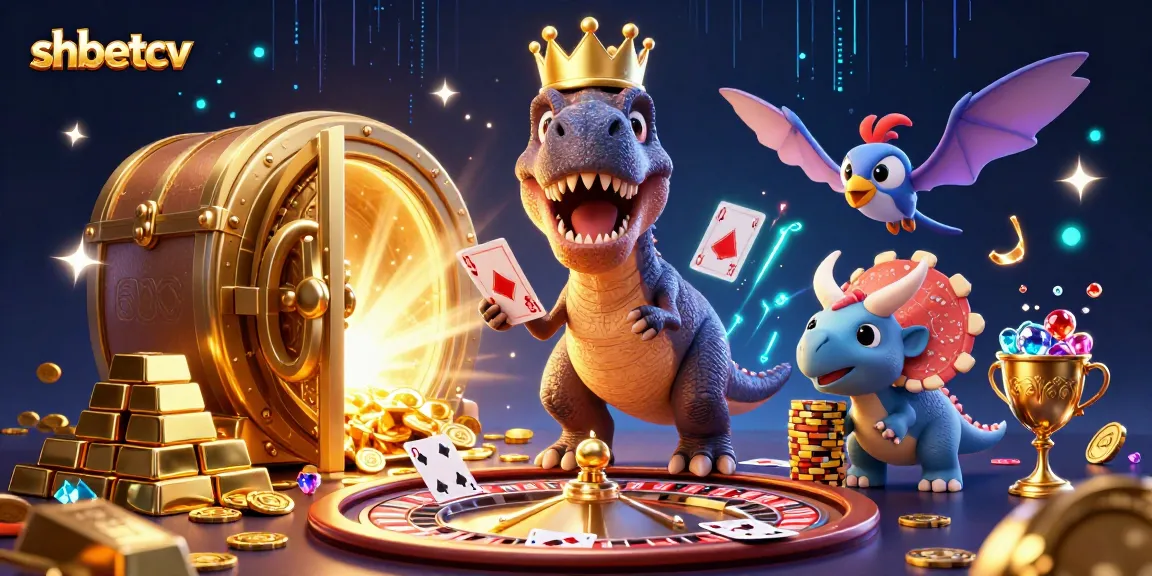 shbetcv's T-Rex shuffles cards with a pterodactyl and triceratops in a casino scene.