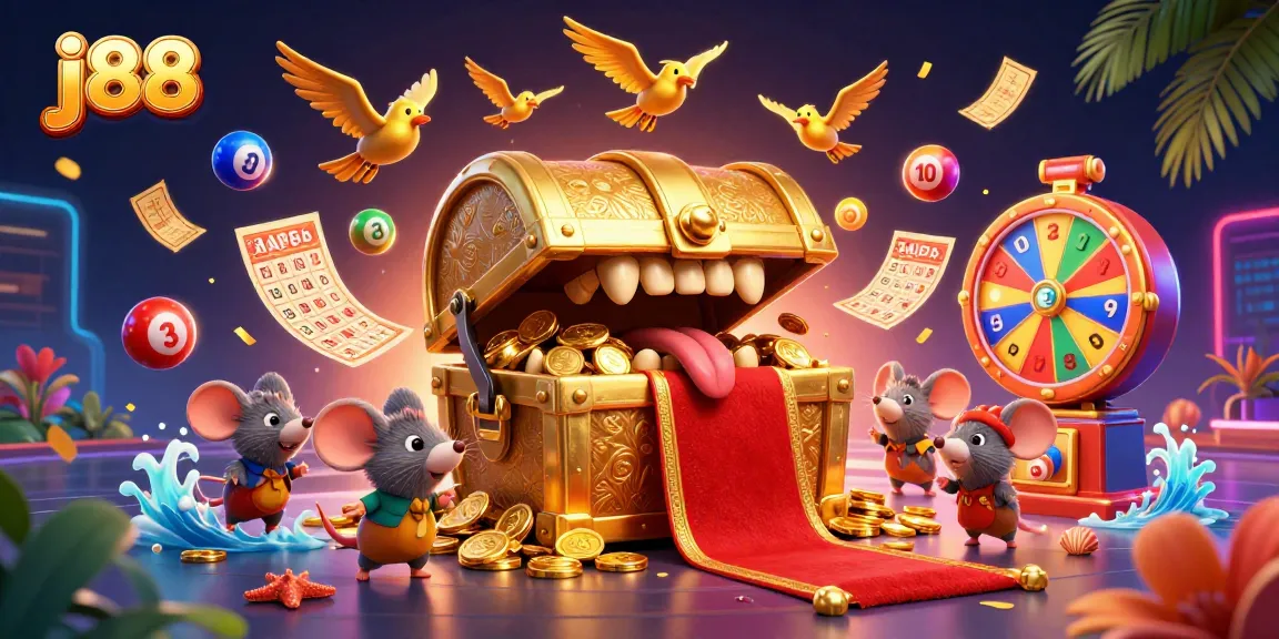 Engage with j88's vibrant lottery experience, featuring dynamic elements and captivating 3D illustrations.